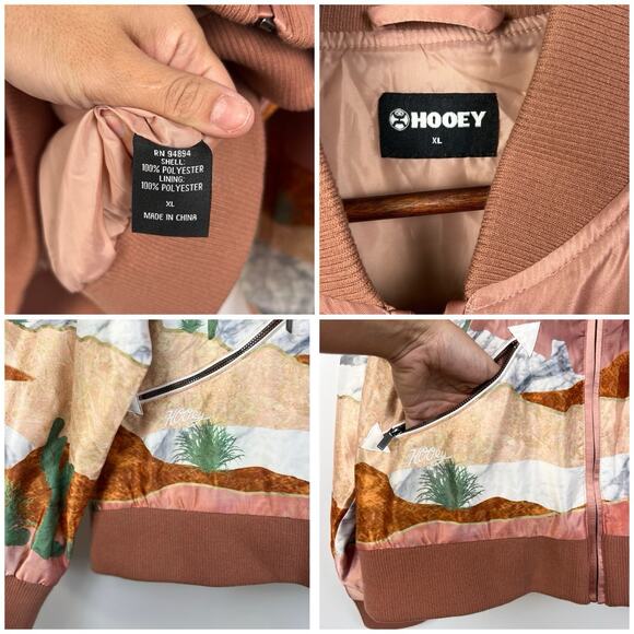 Hooey Satin Bomber Jacket XL Women’s Pink Desert Western Landscape Print Zip Up - Picture 10 of 12